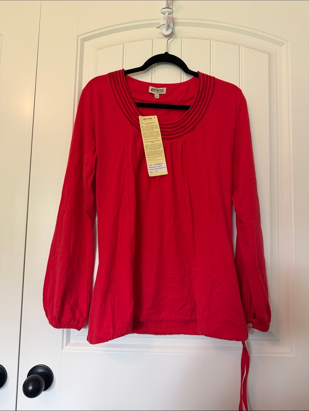 Red Pintuck Scoop-Neck Long Sleeve Top
